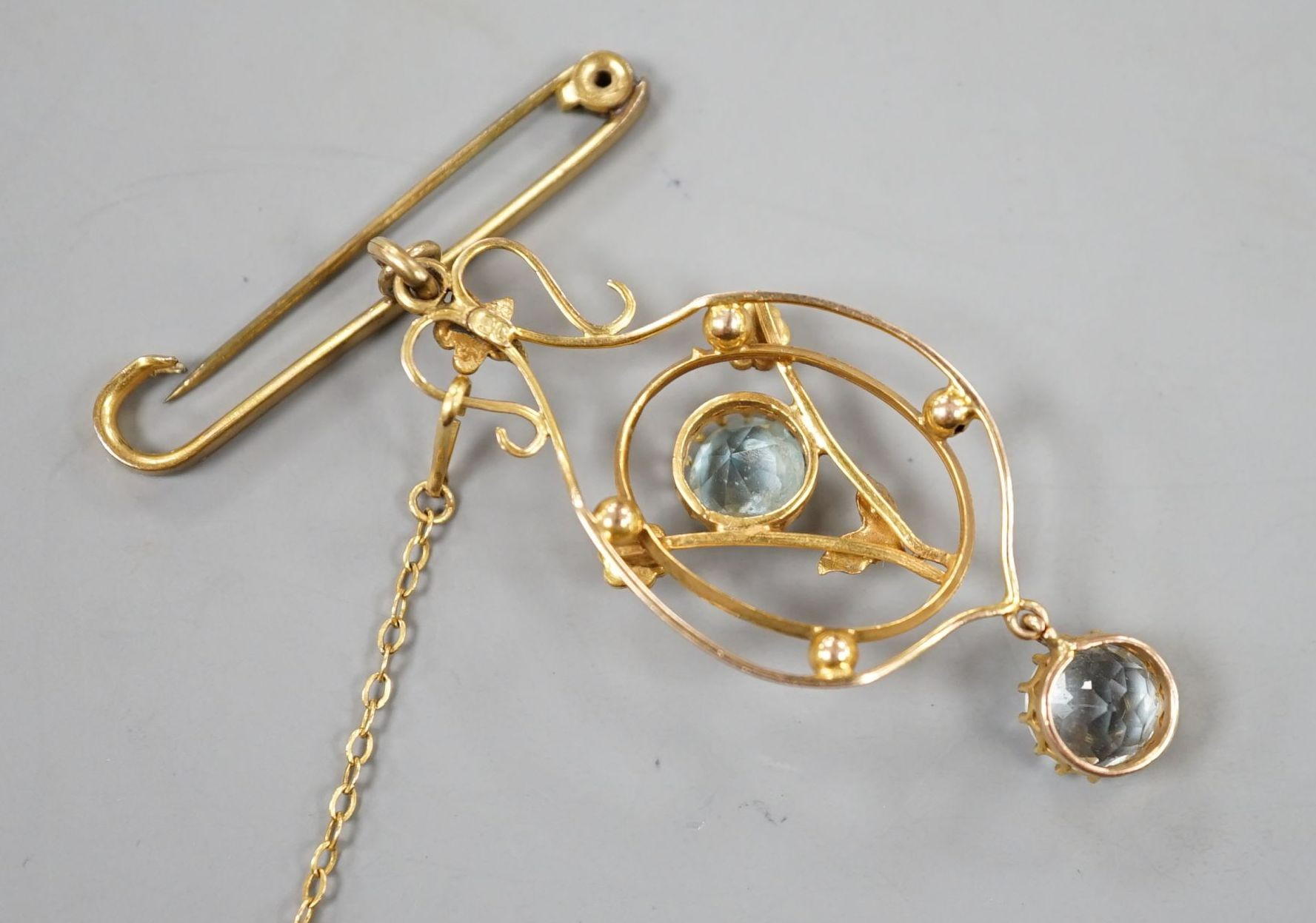 An early 20th century 9c, gem and seed pearl set drop pendant, now with bar brooch suspension, pendant 47mm (stone loose)